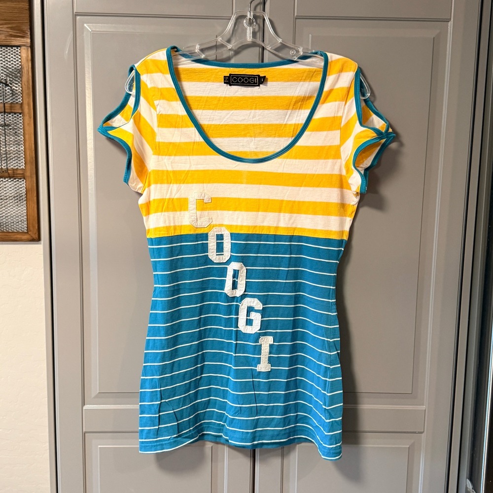 COOGI Women's Y2K Striped Embroidered Logo Cold Shoulder T-Shirt, Blue Yellow, L